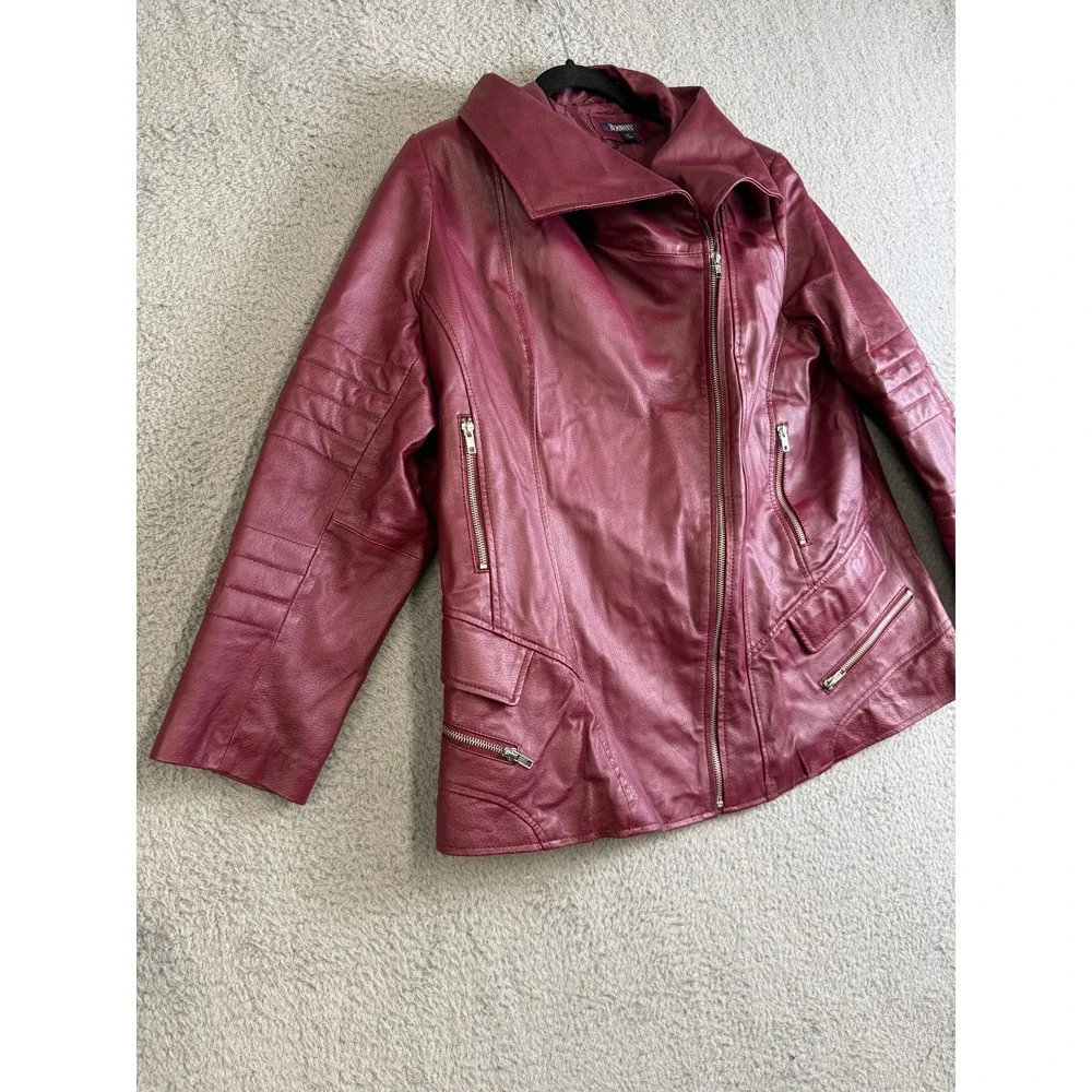 Roaman's Jacket Womens 16W Burgundy Leather Asymmetrical‎ Zip Moto Quilted Plus